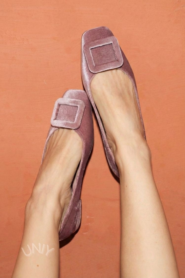 Square-Toed Velvet Ballerinas with Buckle