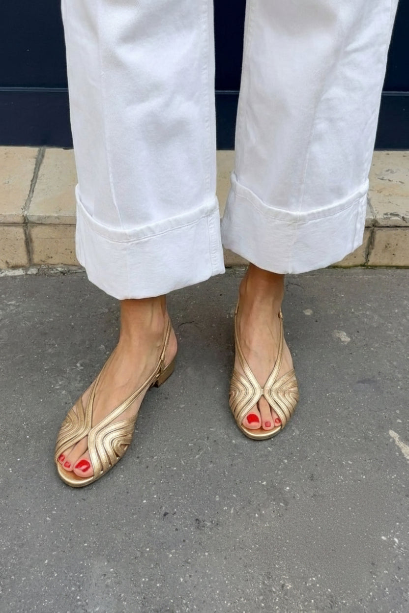 Metallic Gold Slingback Sandals with Round Toes and Straps