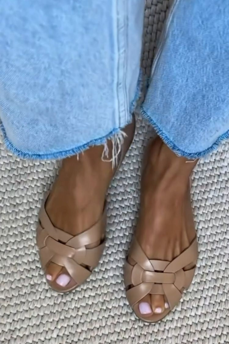 Woven Peep Toe Ballet Flats with Crossed Straps and a Closed Heel