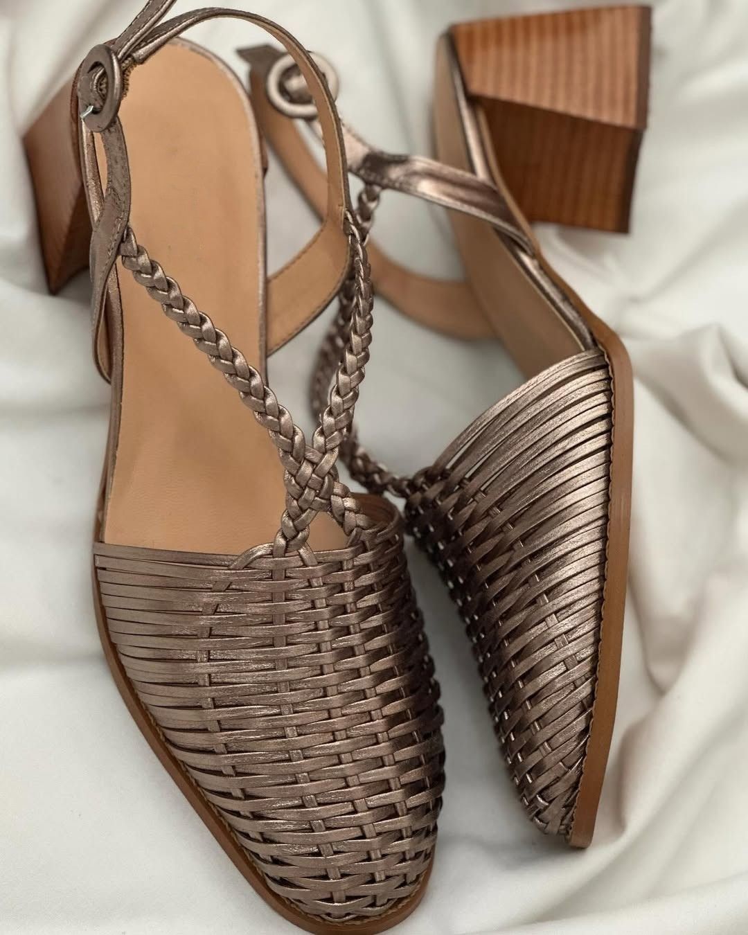 Champagne Metallic Interlaced Block Heels with Pointed Toes and Straps
