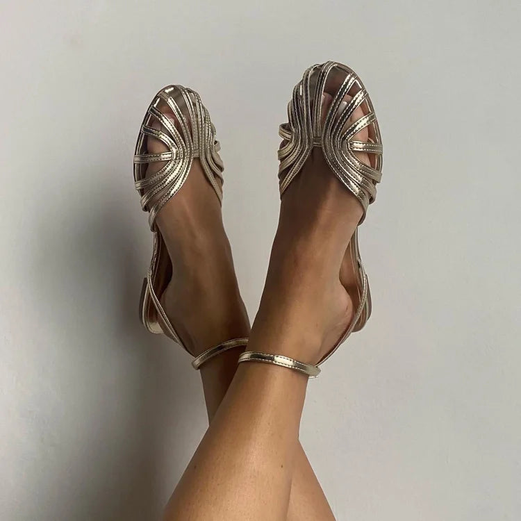 Cut-out round toe ballet flats with ankle strap