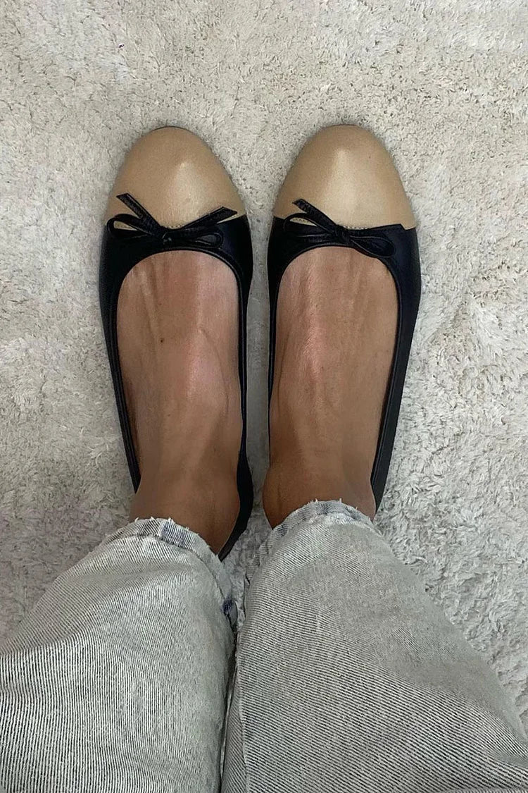 Black Colour Block Ballerinas with Round Toe and Bow
