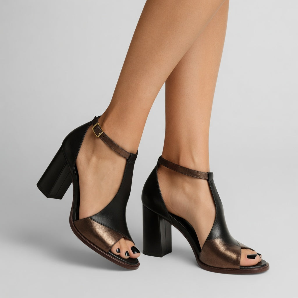 Elwira — Two-tone block heel sandals with bold urban elegance