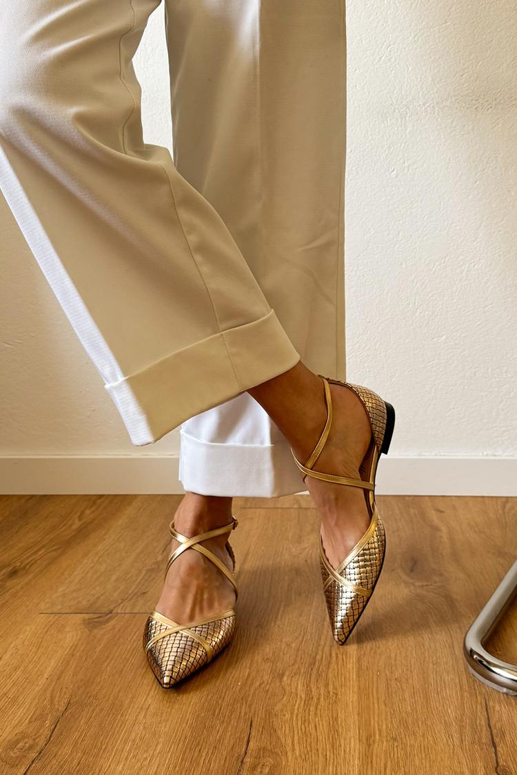 Metallic Gold Shiny Pointed Toe Ballet Flats with Buckle and Crossed Straps