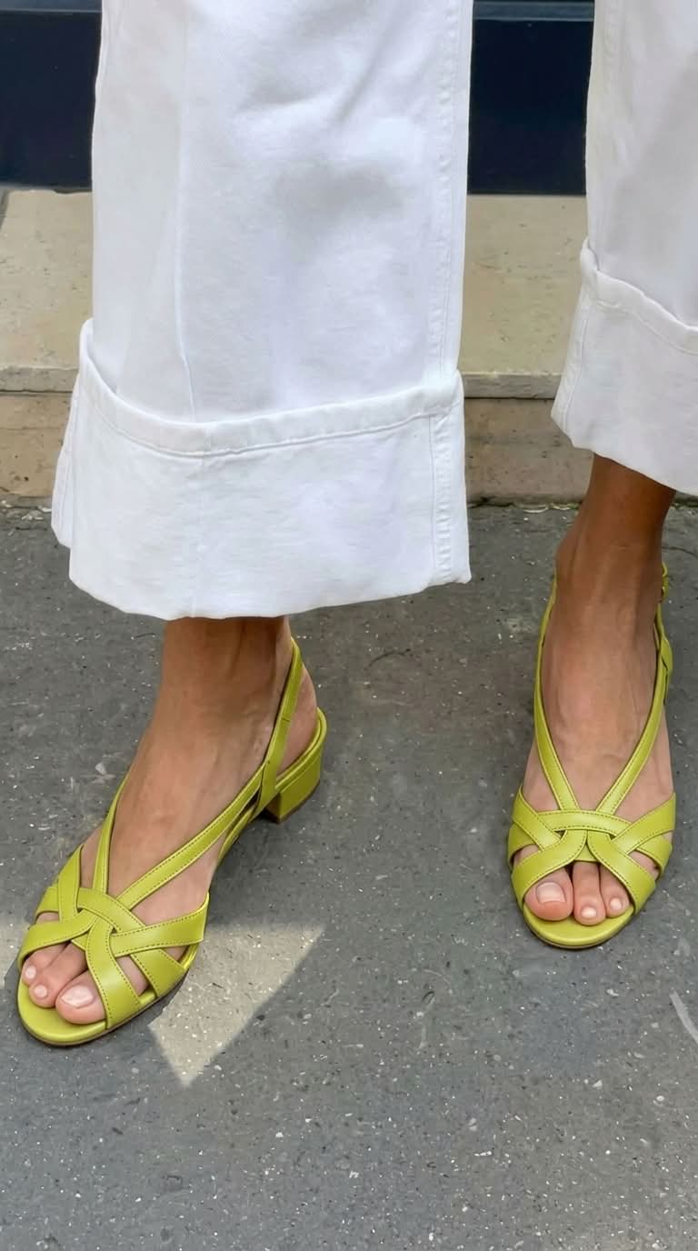 Nude Leather Slingback Sandals with Crossed Straps and a Small Heel