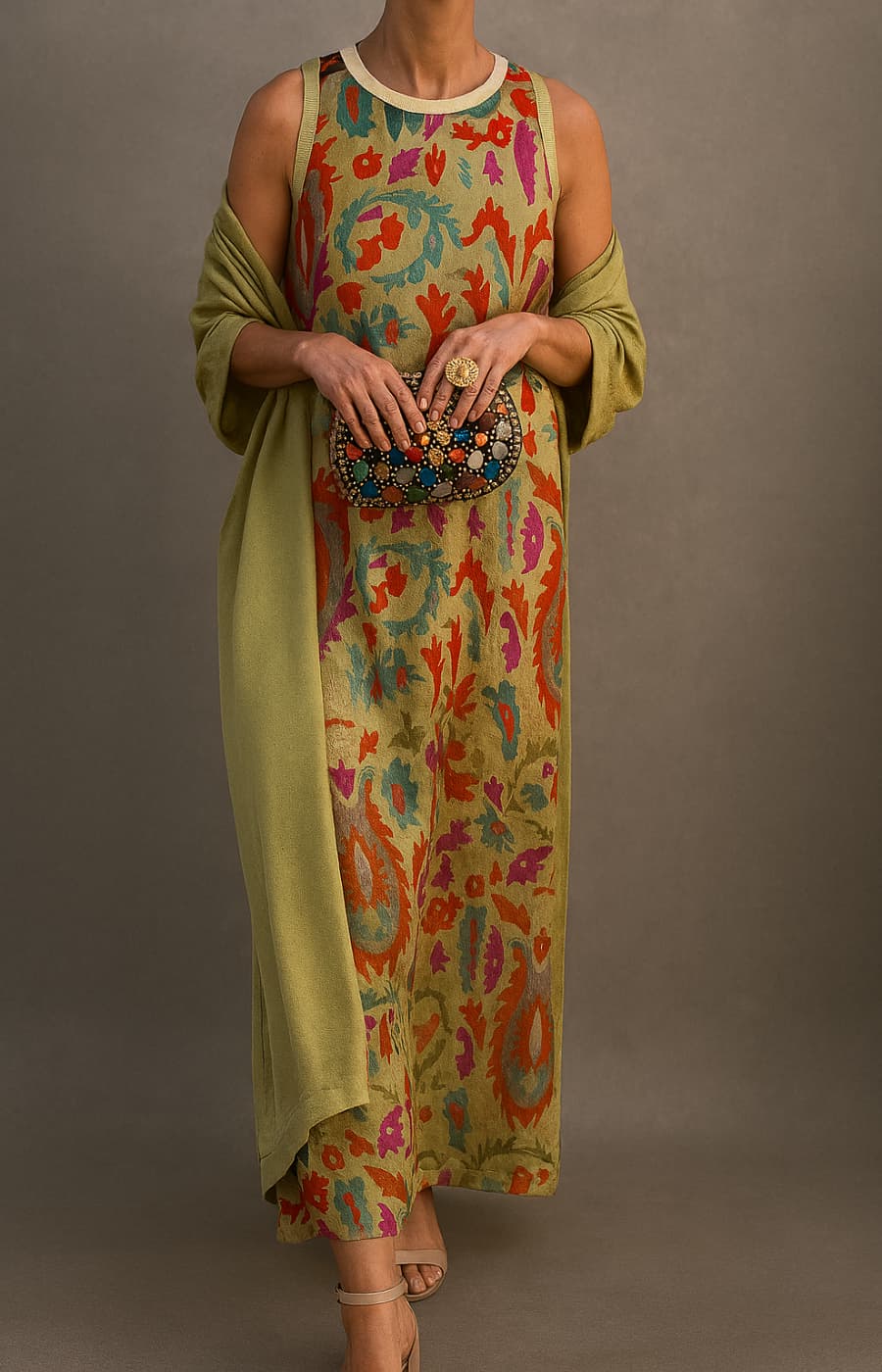 Elina | Long printed dress set with matching cardigan