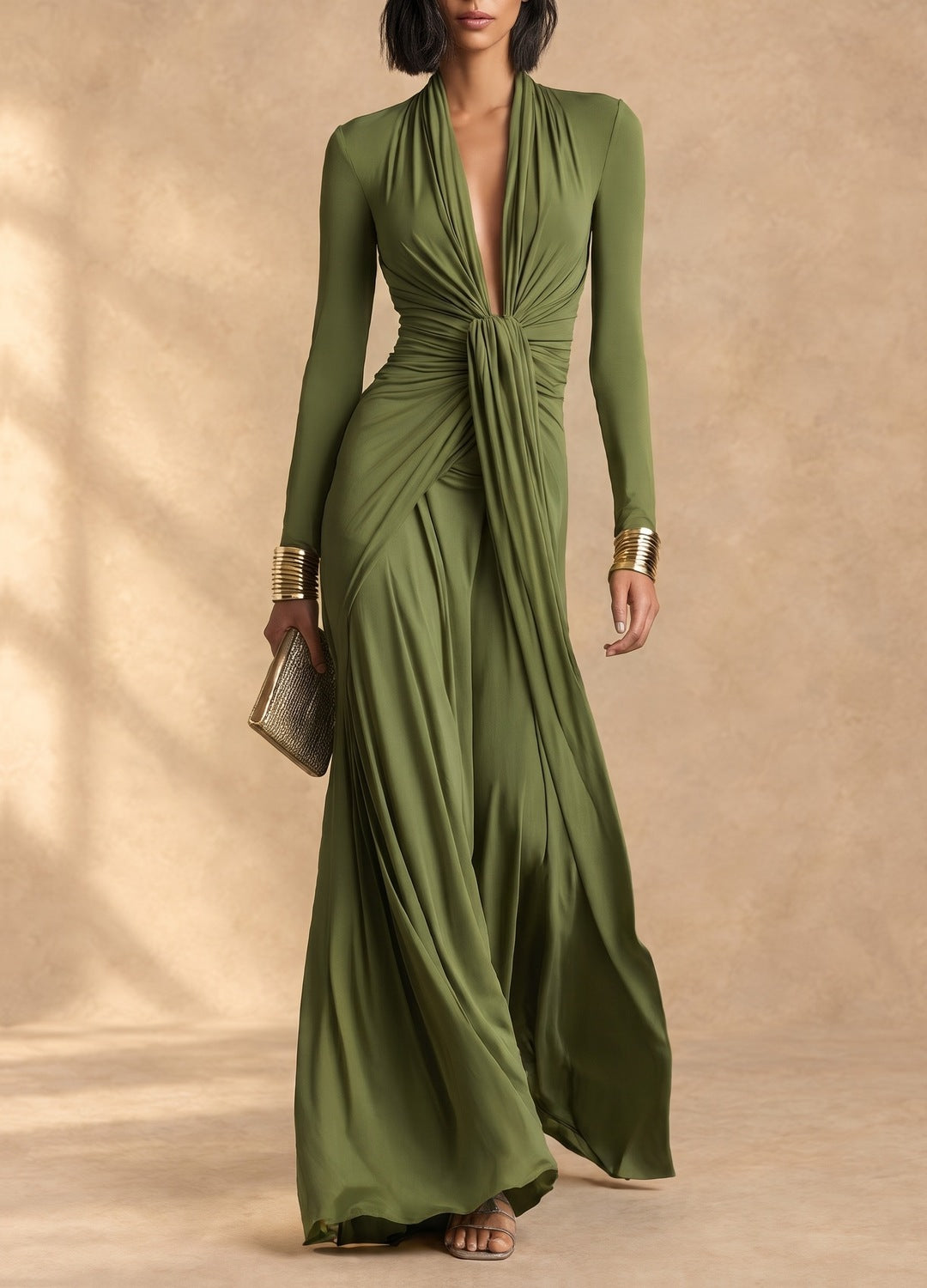 Kristen | Olive Maxi Dress with Deep V-Neck