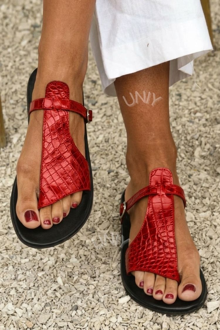 Crocodile Effect Flip Flops with Strap and Buckle on the Instep