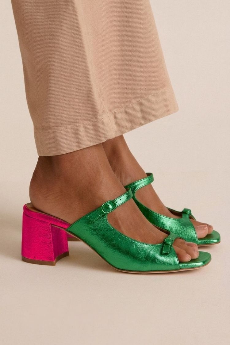 Wide Heeled Cut-Out Colour Block Slingbacks Gold