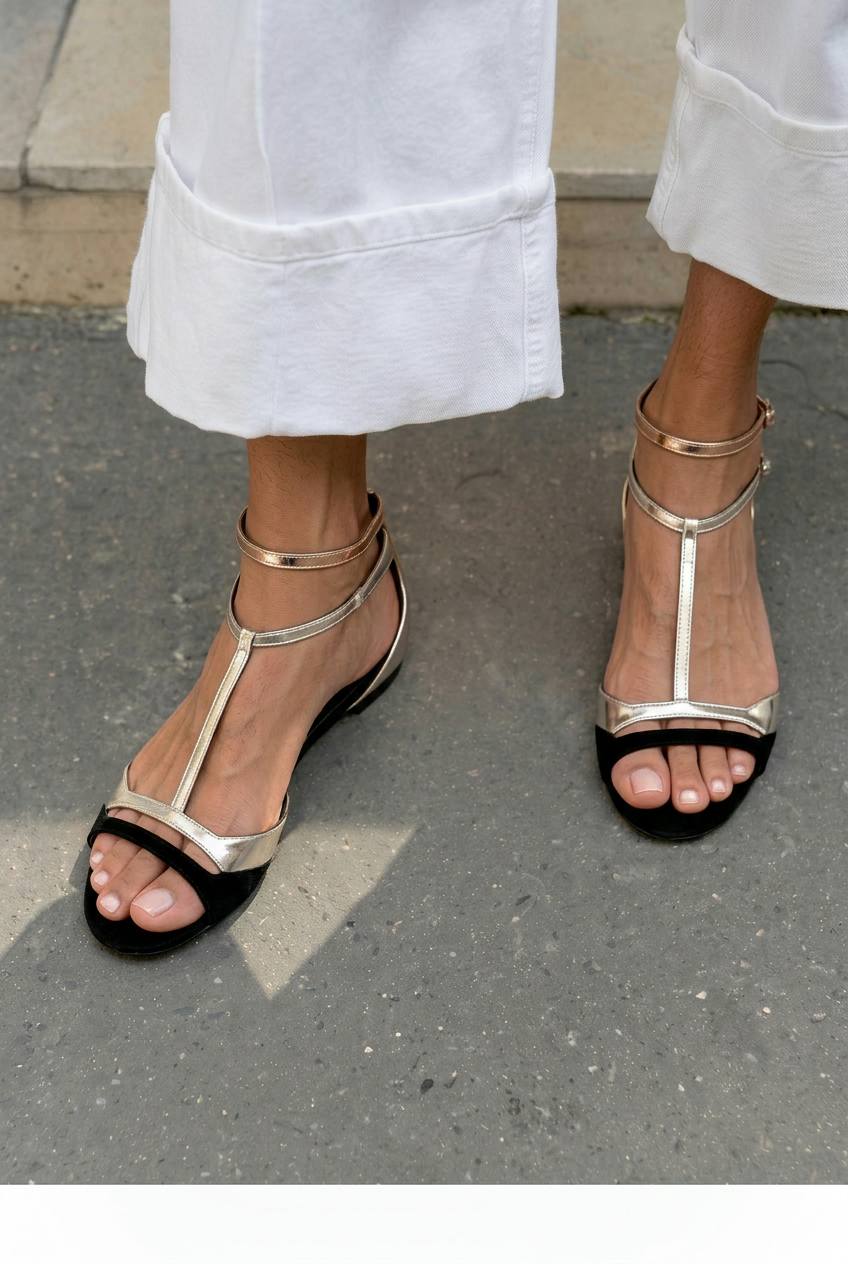 Metallic Open-Toe Flat Sandals with T-Strap