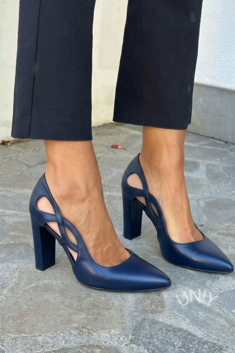 Pointed Cut-Out Court Shoes with Block Heel