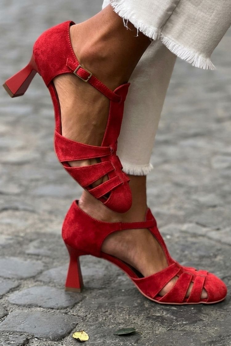 Cut-out Crochet Heeled Sandals in Green with Closed Toe