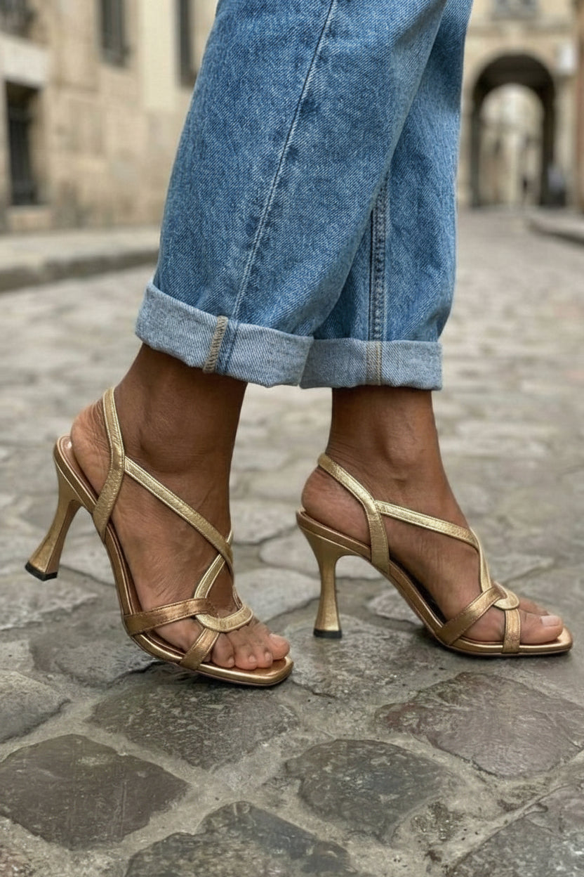 Gold Metallic Sandals with Crossed Straps and Stiletto Heel