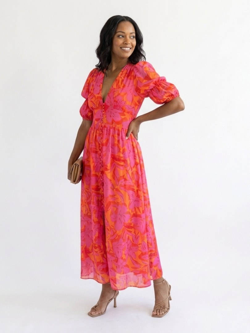 Stella & Grace | Floral V Neck Puff Sleeve Midi Dress