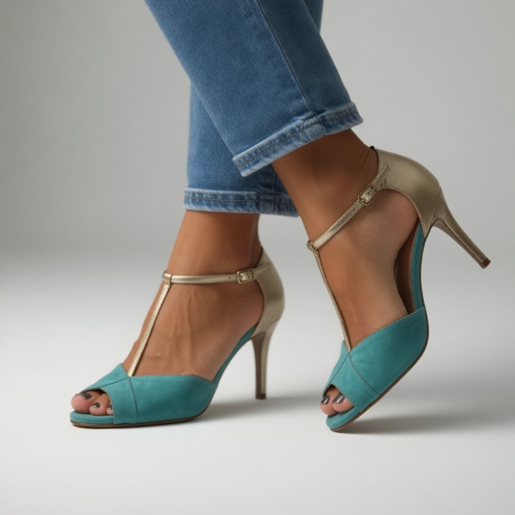 Roksana — Two-tone turquoise and gold stiletto sandals with vibrant elegance
