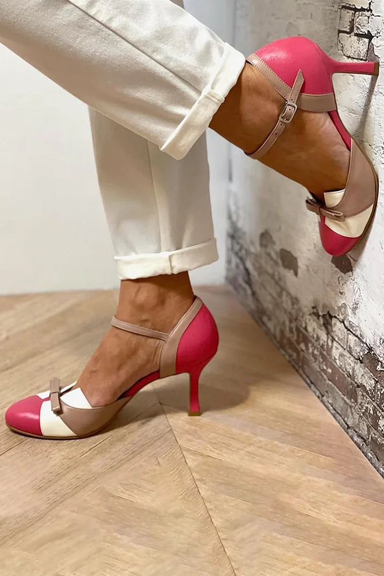 Fuchsia Colour Block Patchwork Stiletto Heels with Round Toe and Bow