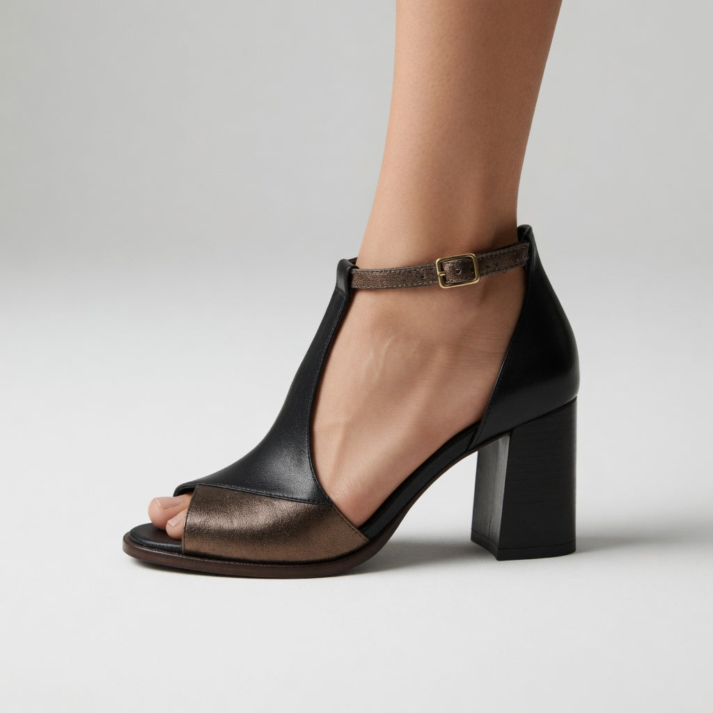 Elwira — Two-tone block heel sandals with bold urban elegance