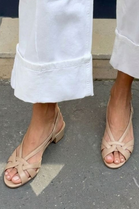 Nude Leather Slingback Sandals with Crossed Straps and a Small Heel