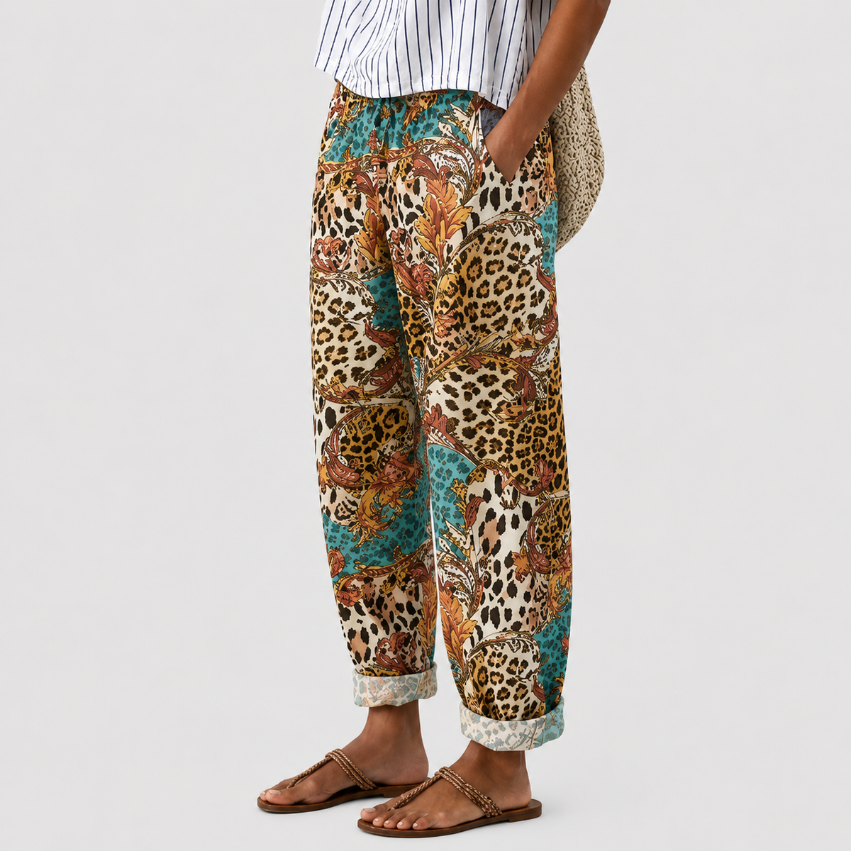 Comfort trousers with animal print and decorative details