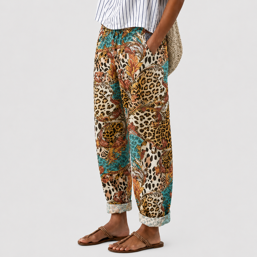Comfort trousers with animal print and decorative details