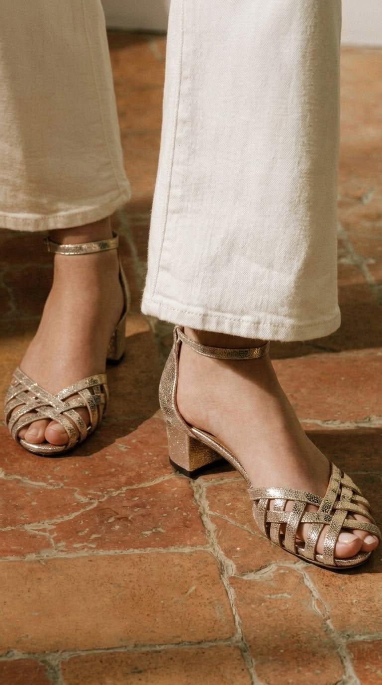 Wide peep toe intertwined Gold heels with ankle strap and buckle