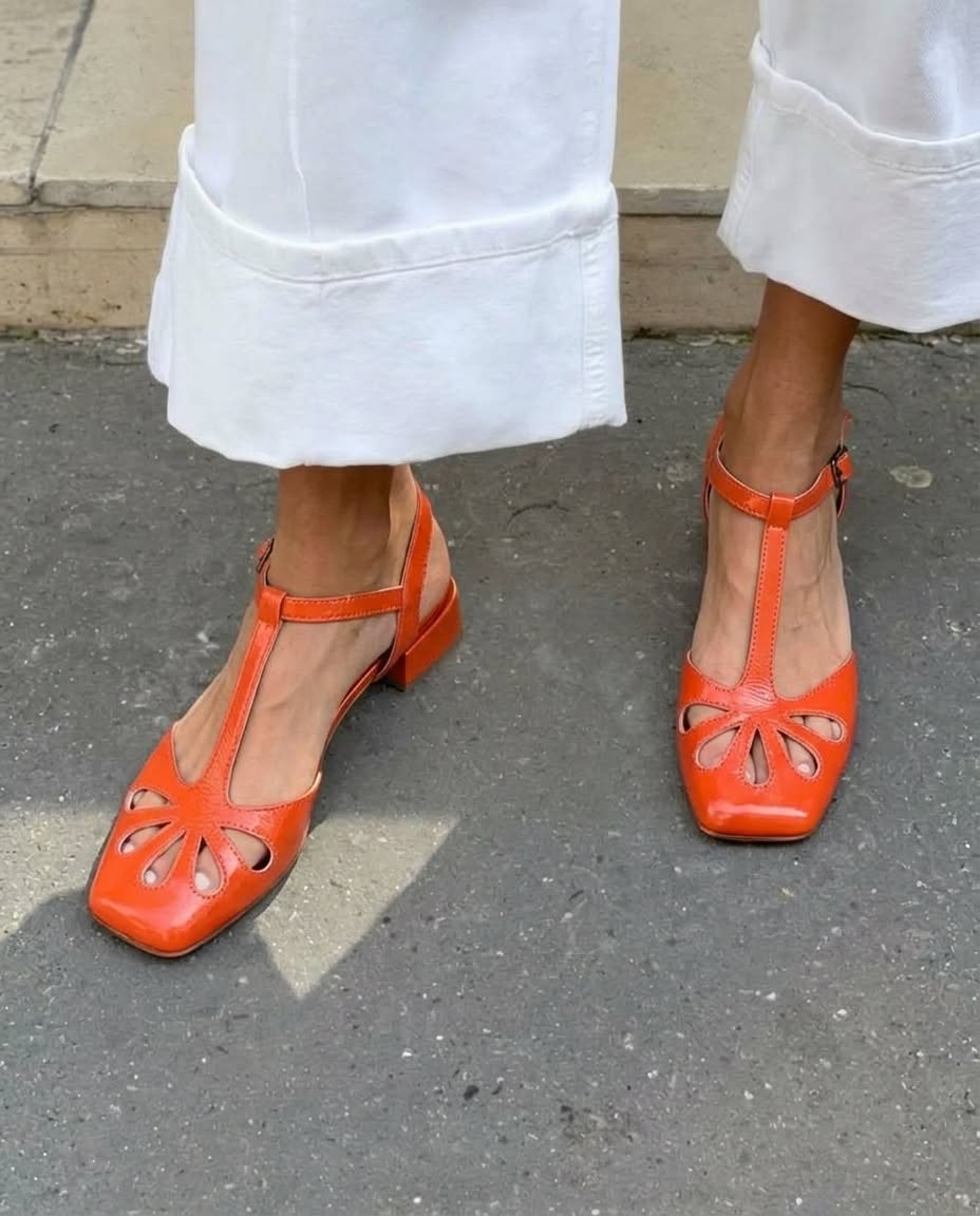 Floral Cut-Out Orange Block Heels with Square Toe and T-Strap