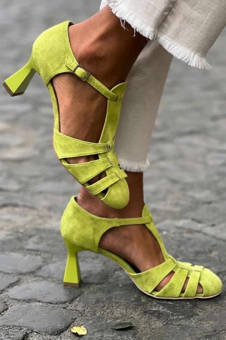 Cut-out Crochet Heeled Sandals in Green with Closed Toe