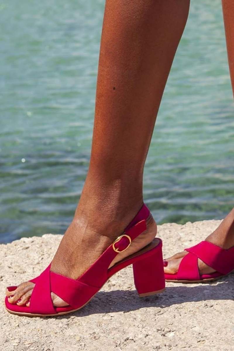 Suede slingback sandals with cross straps and a block heel