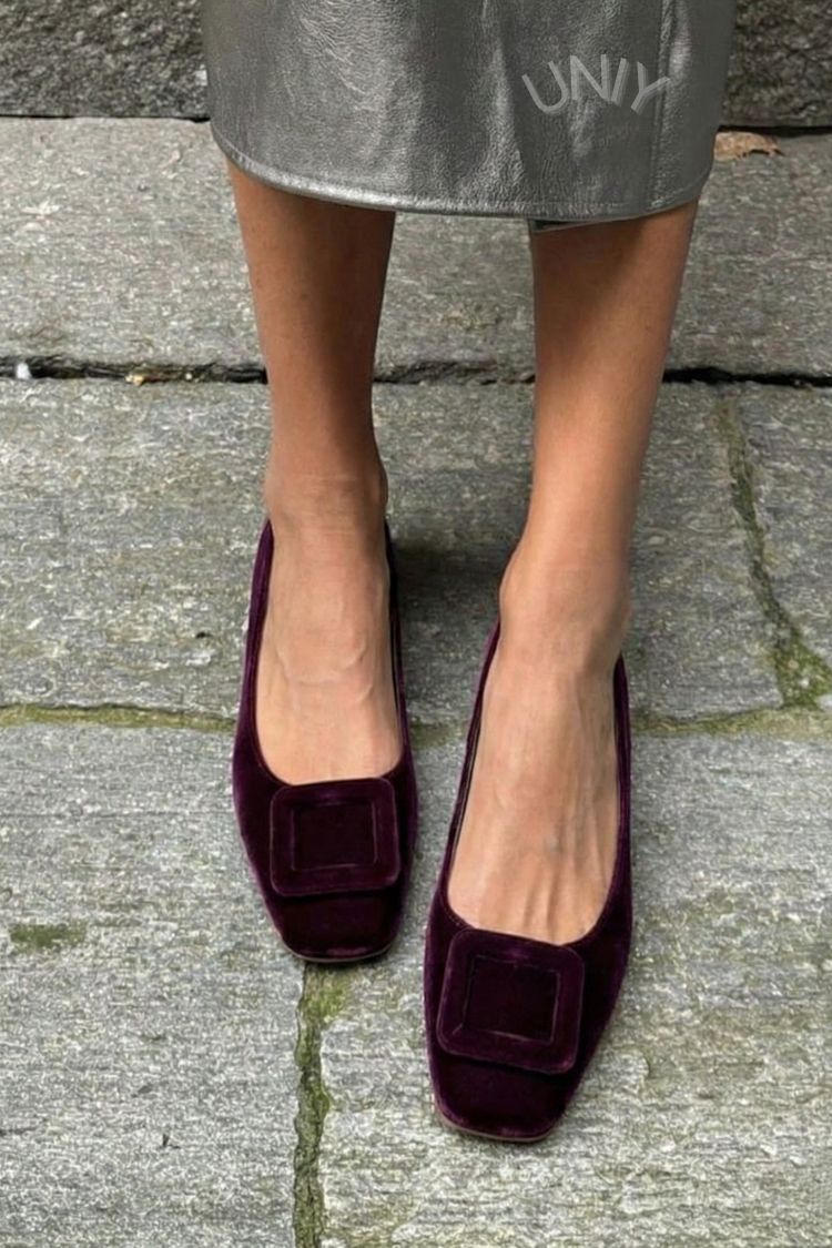 Square-Toed Velvet Ballerinas with Buckle