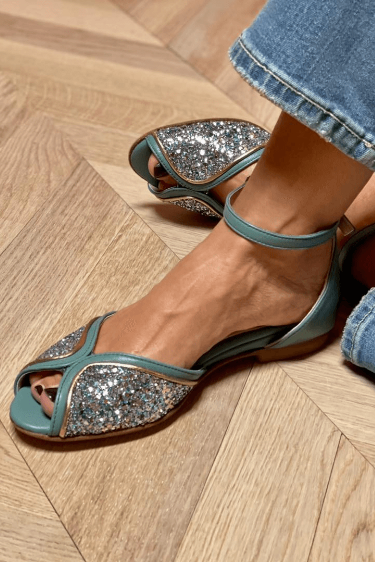 Sparkly Patchwork Peep Toe Sandals with Ankle Strap and Buckle