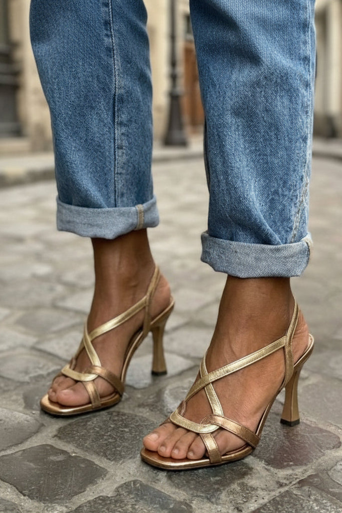 Gold Metallic Sandals with Crossed Straps and Stiletto Heel