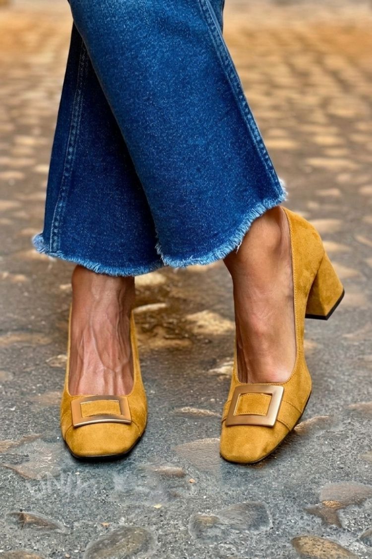 Wide Patchwork Heels Navy Blue with Square Toe