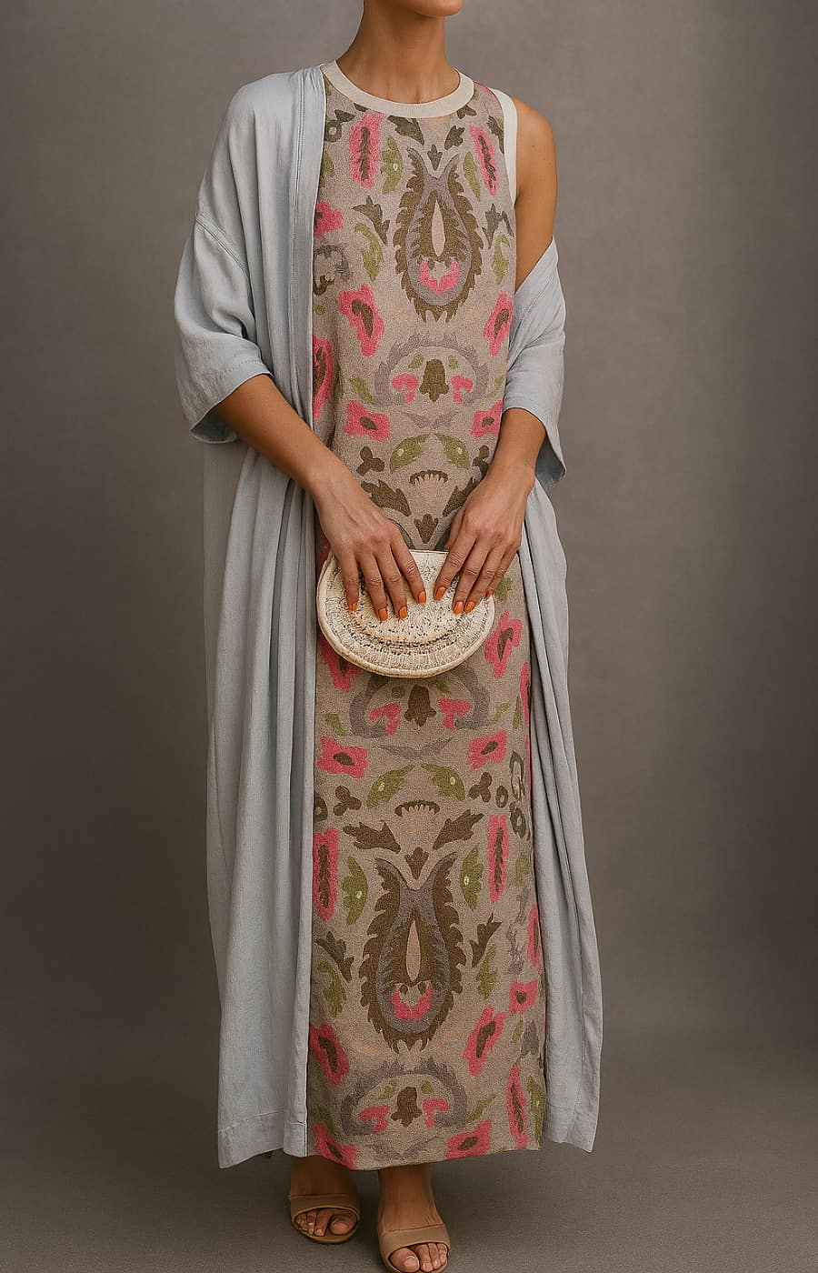 Elina | Long printed dress set with matching cardigan