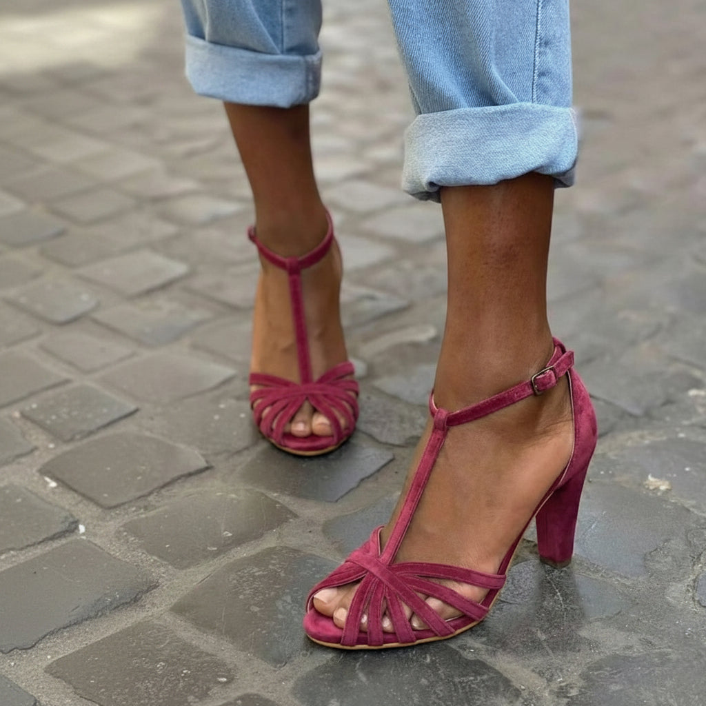 Burgundy Suede Sandals with T-Strap and Block Heel