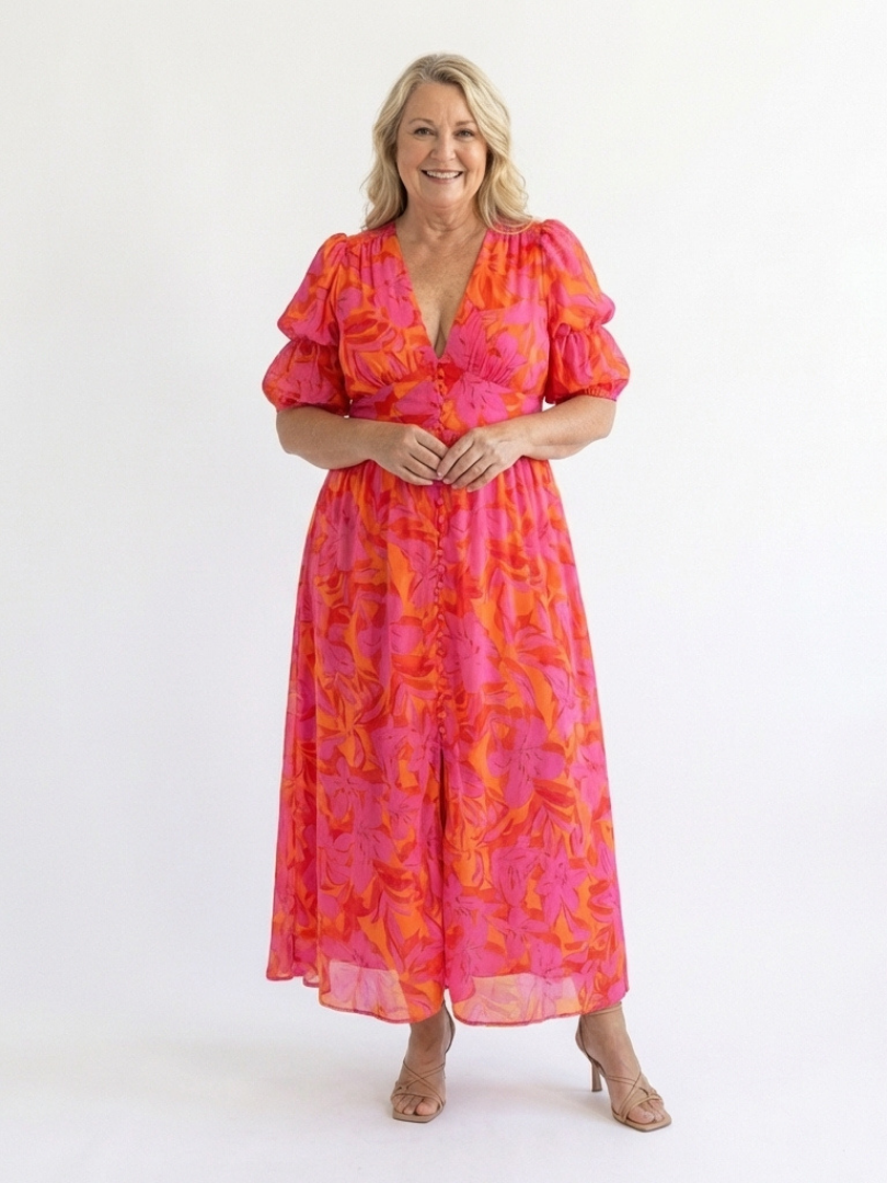 Stella & Grace | Floral V Neck Puff Sleeve Midi Dress