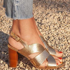 Metallic Crossover Slingback Sandals with Block Heel