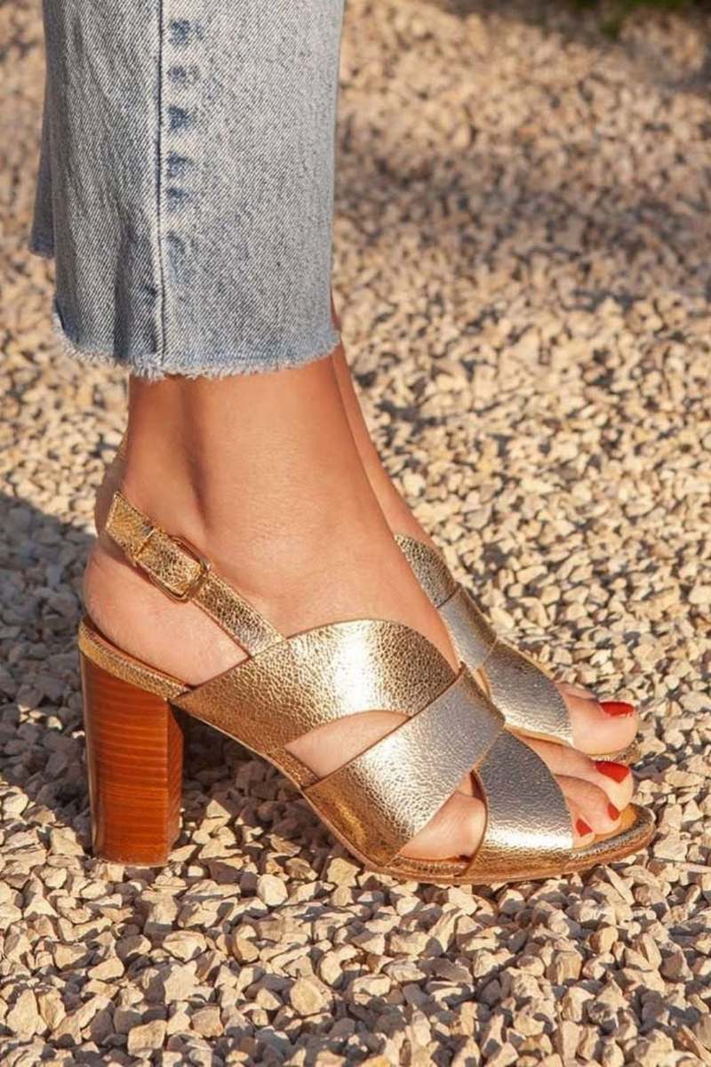 Metallic Crossover Slingback Sandals with Block Heel
