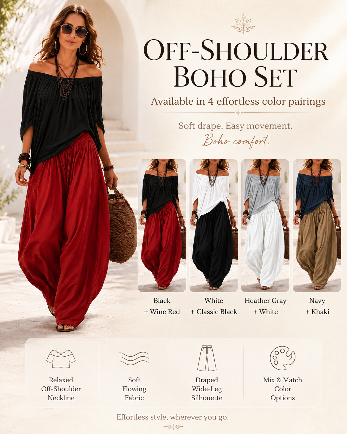 Colourblock Loose Off-Shoulder Top and Lantern Pants Set