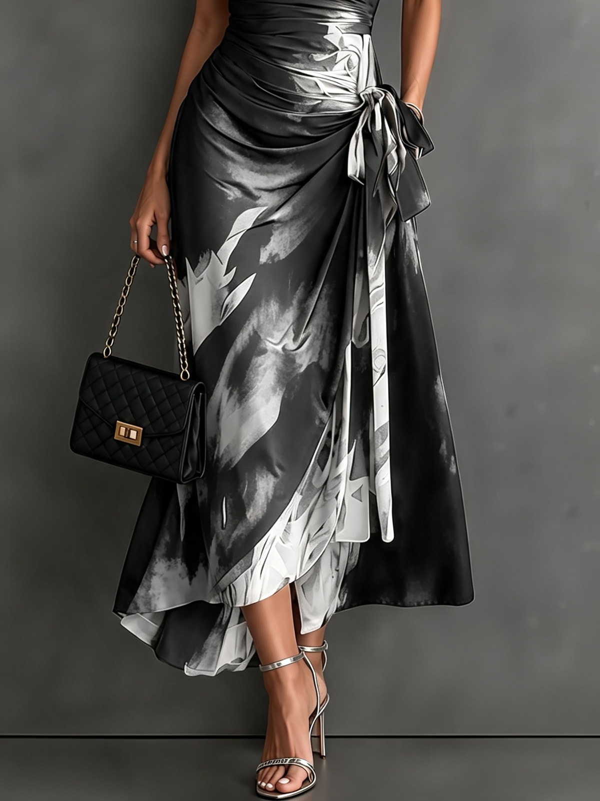 Red Black Abstract Print Wrap Midi Dress with Collared V Neck, Short Sleeves, Tie Waist, and Ruffled High-Low Hem