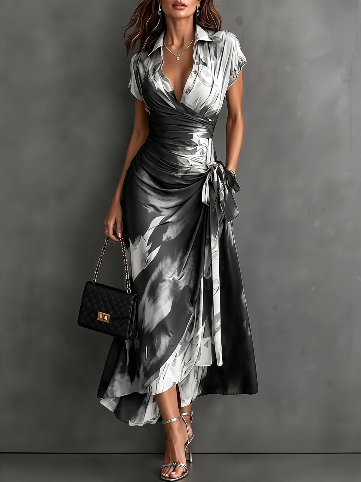 Red Black Abstract Print Wrap Midi Dress with Collared V Neck, Short Sleeves, Tie Waist, and Ruffled High-Low Hem
