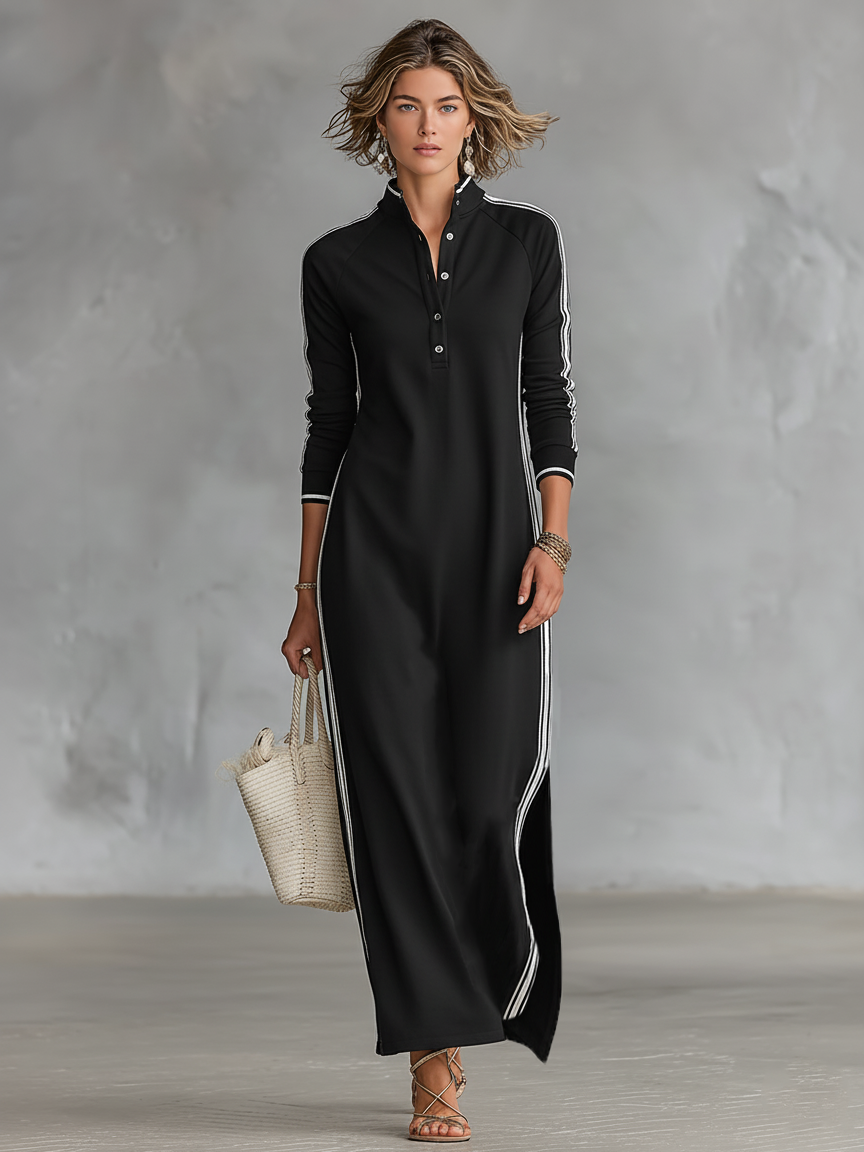 Elena - Maxi Dress in Sweatshirt Fabric with Buttoned Collar
