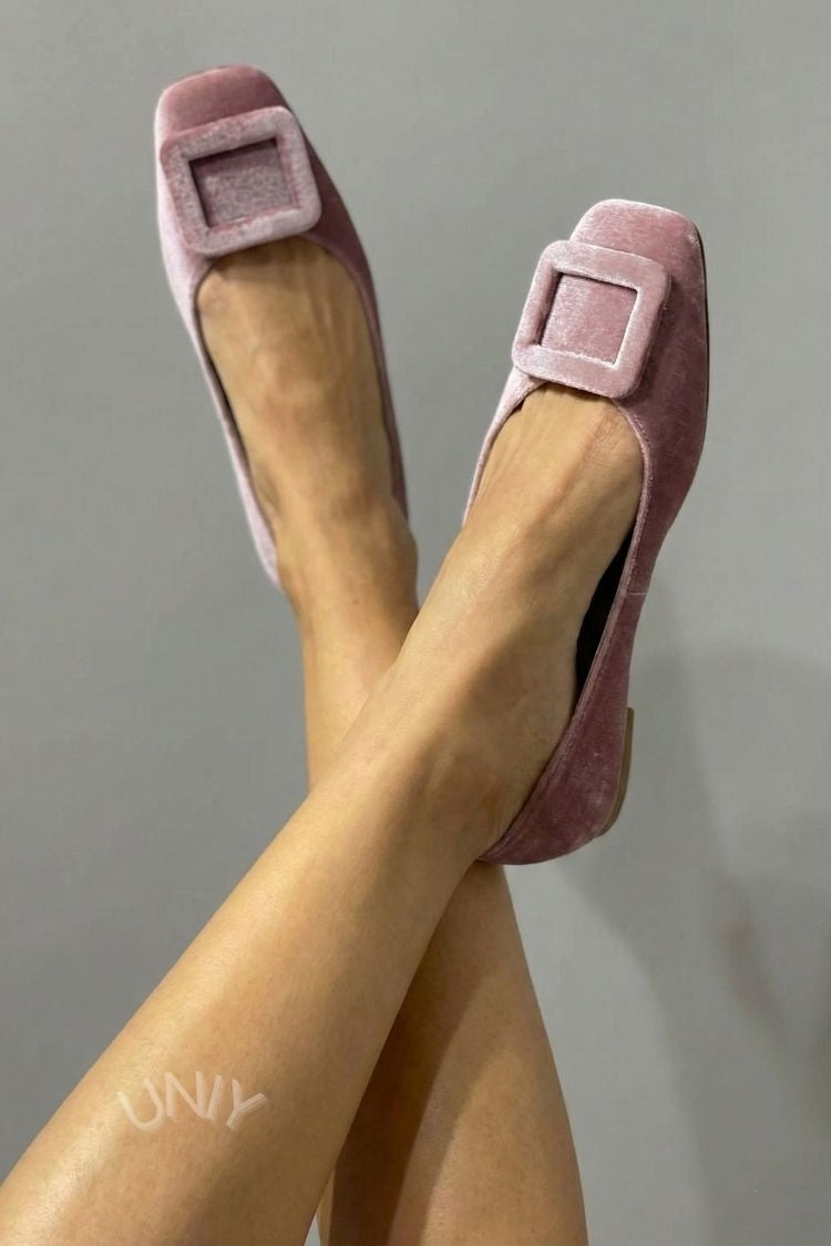 Square-Toed Velvet Ballerinas with Buckle