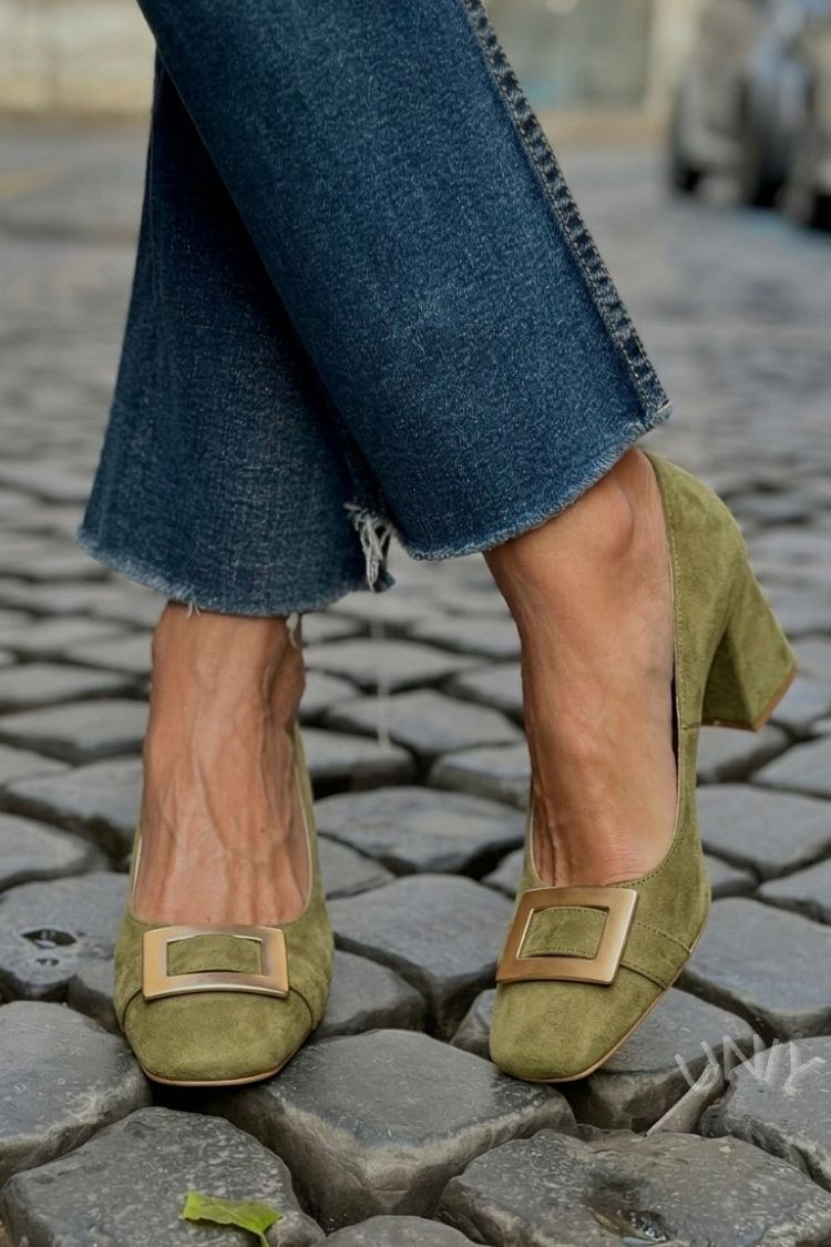 Wide Patchwork Heels Navy Blue with Square Toe