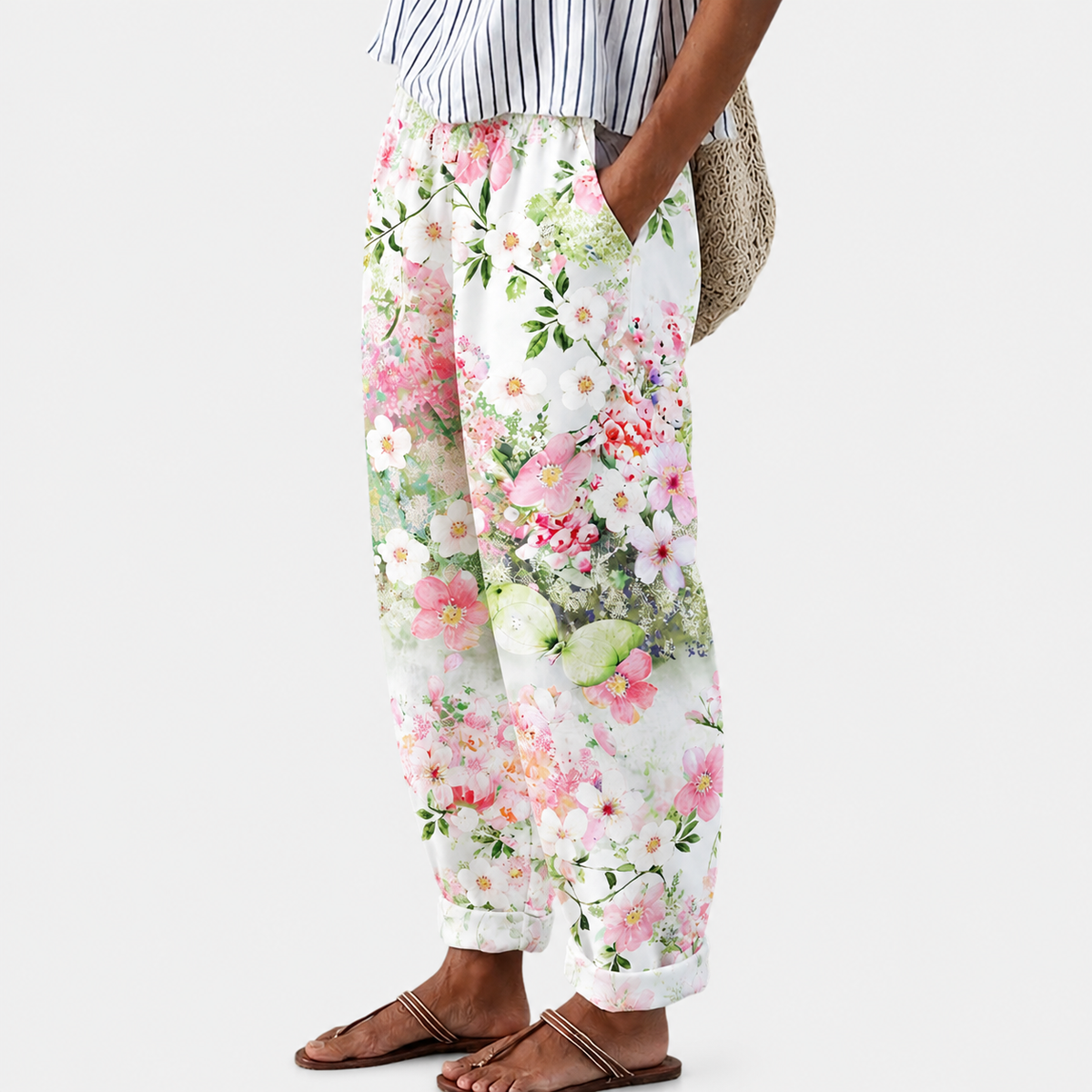 Comfort Trousers with Pink Blossom Print