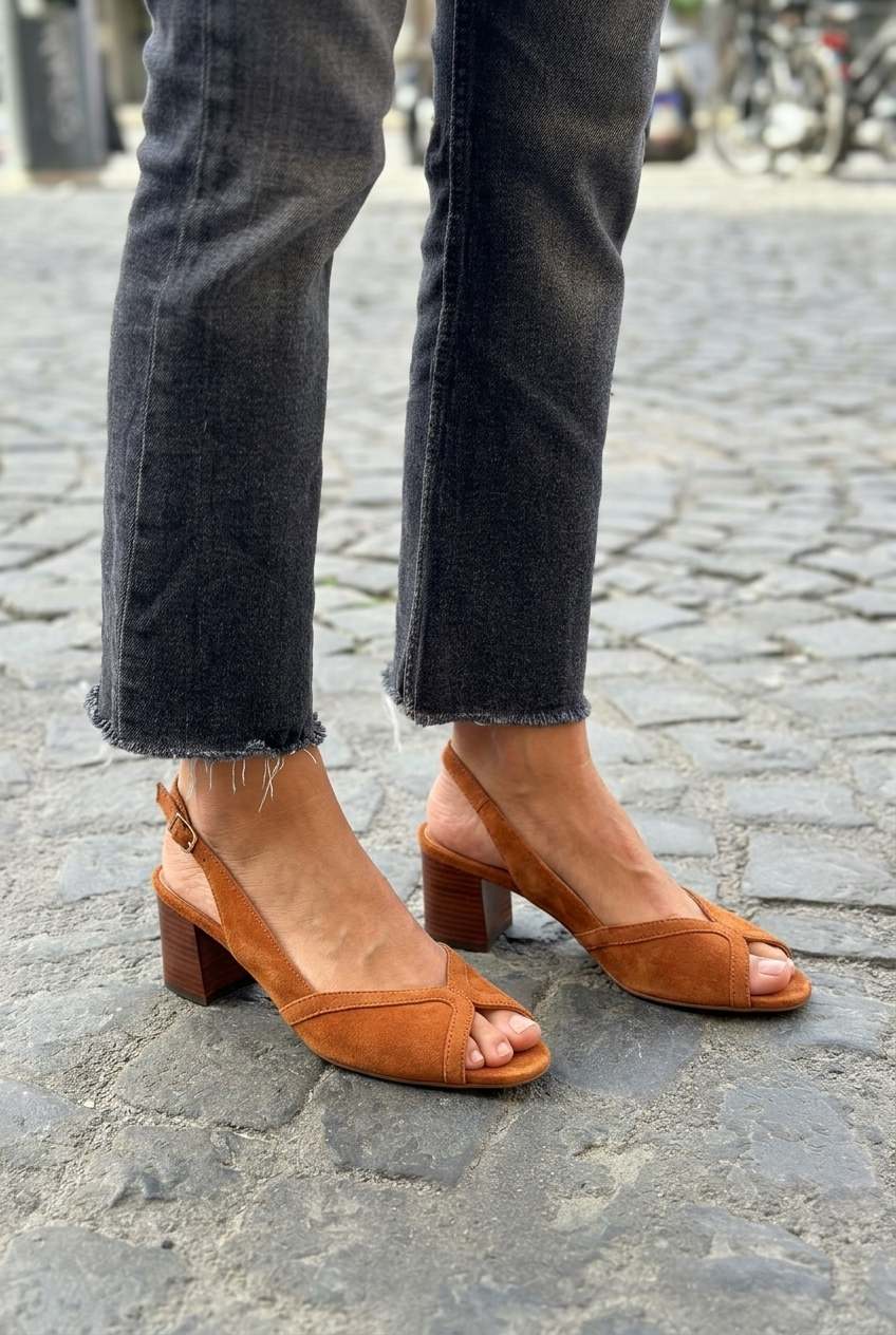 Block heel suede slingback with crossed straps and an open toe