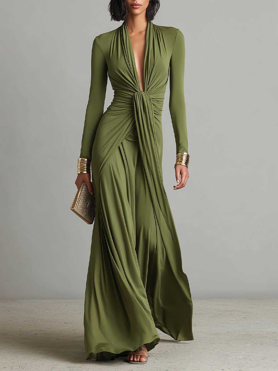 Vittoria - Olive Maxi Dress with Deep V-Neck