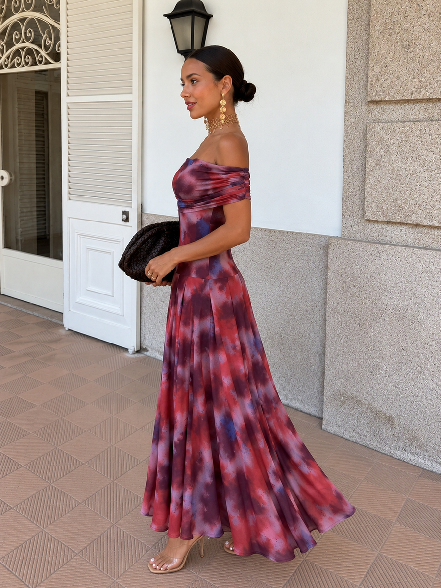 Valentina | Watercolour Off-Shoulder Long Dress