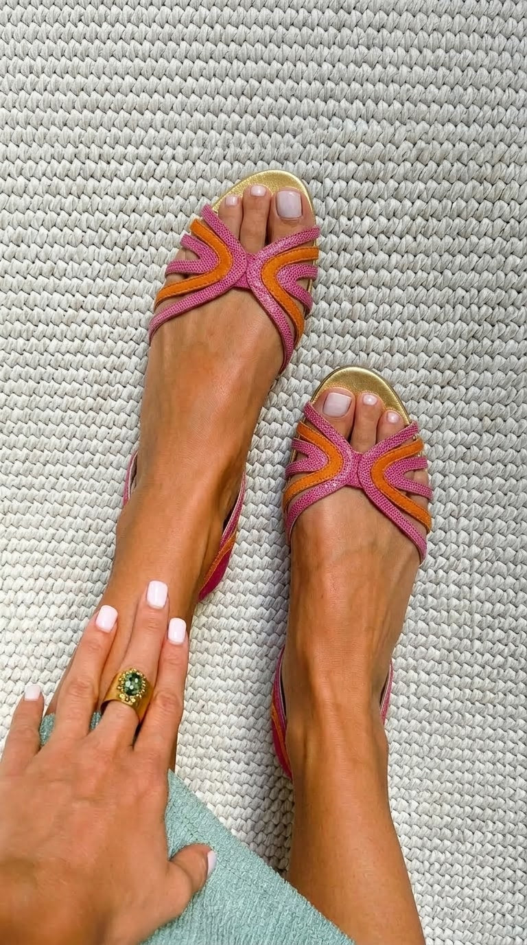 Low Orange and Pink Peep Toe Sandals with Straps
