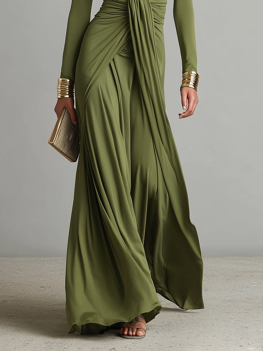 Vittoria - Olive Maxi Dress with Deep V-Neck