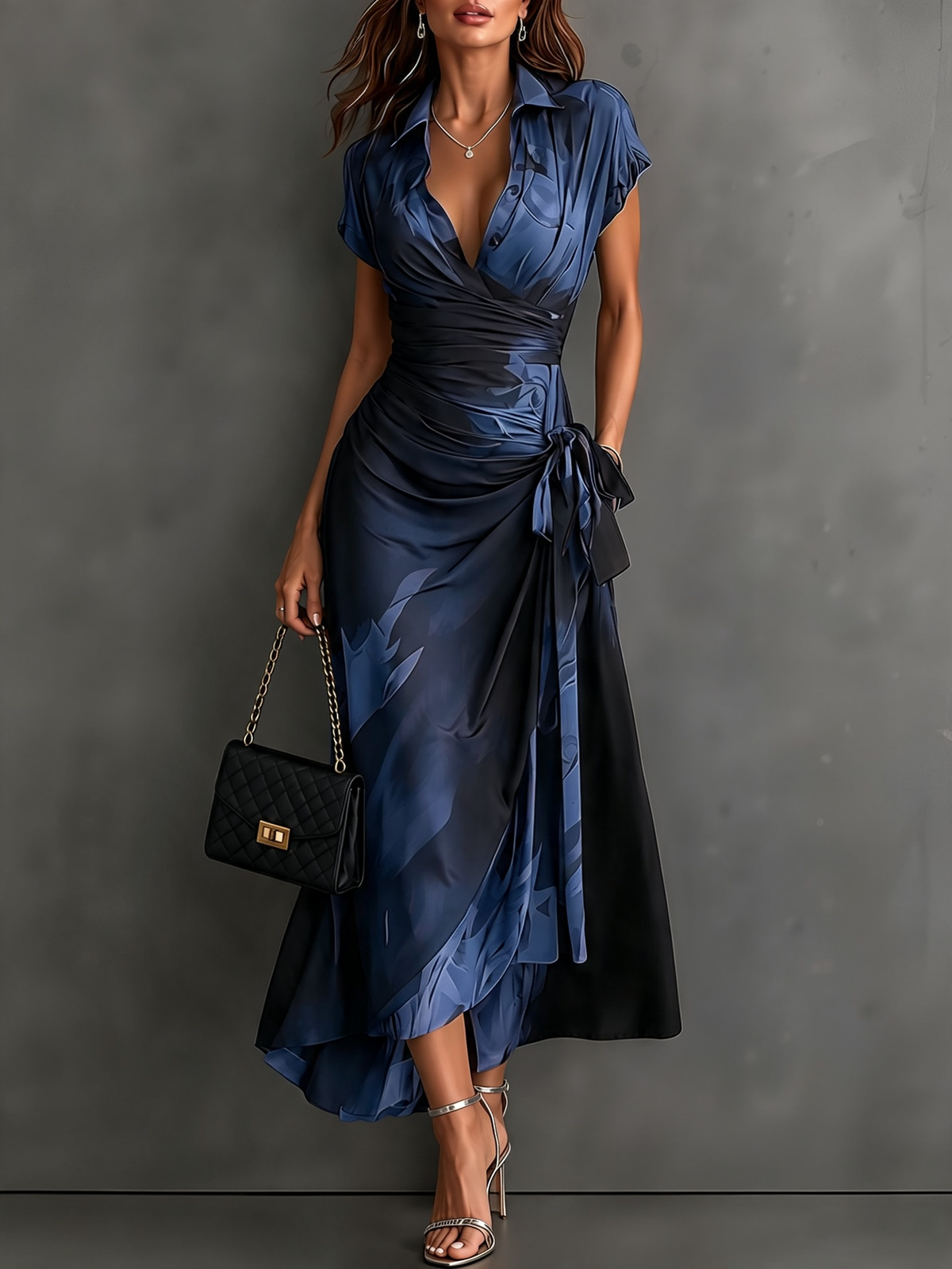 Red Black Abstract Print Wrap Midi Dress with Collared V Neck, Short Sleeves, Tie Waist, and Ruffled High-Low Hem